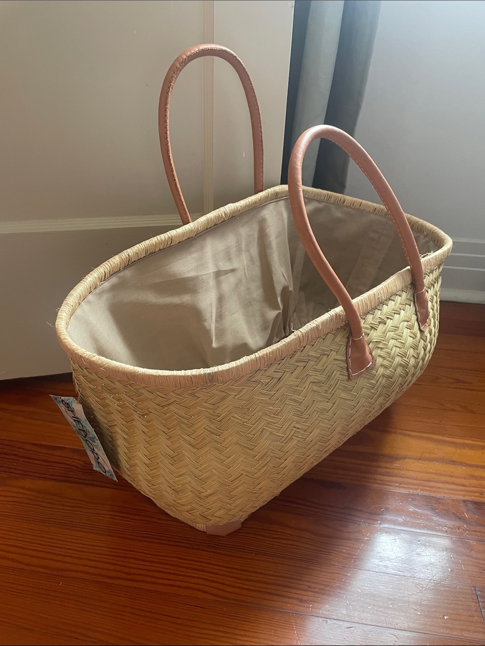 Woven Straw Tote Bag with Tan Leather Handles